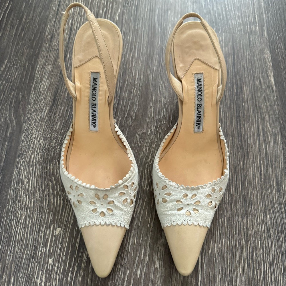 Manolo beige floral eyelet heels